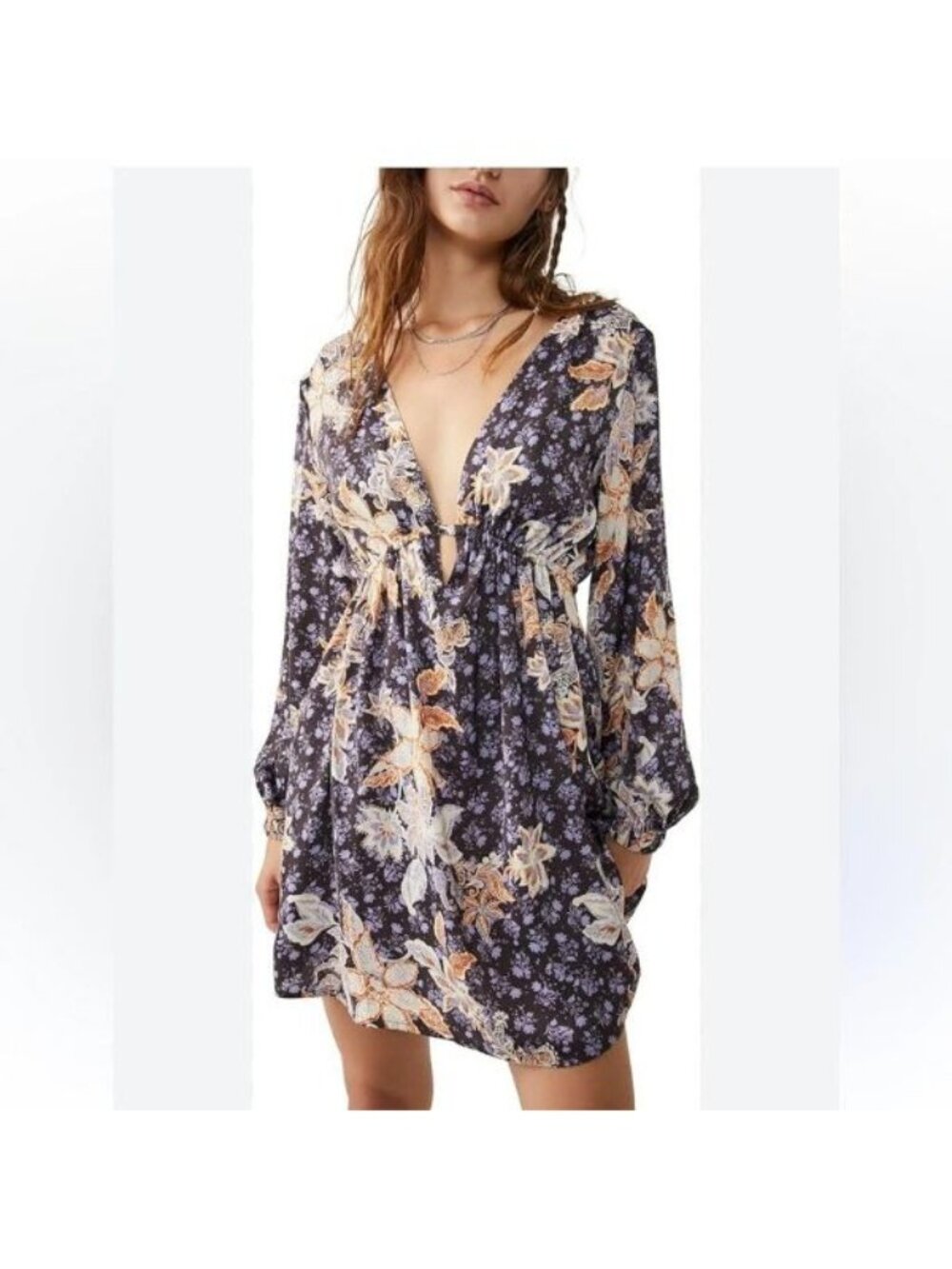 Free People Soli Plunge Neck Mini Dress XL Blue Floral Long Sleeve Boho NWOT